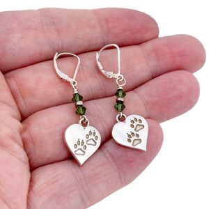 Vintage SJC Sterling Silver 925 Green Crystal Heart Paw Print Earrings